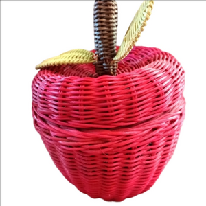Vintage Red Green Wicker Apple Storage Container Attached Lid